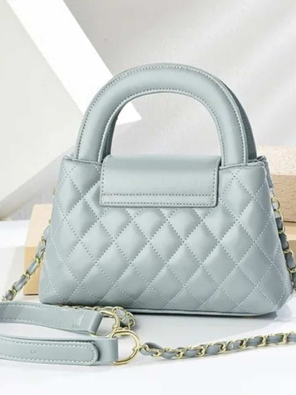 Others Follow Quilted Mini Top-Handle Bag in Light Blue with Gold Hardware